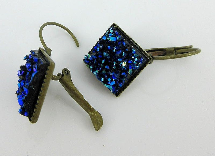 Summerfield Collection Antiqued Gold-tone Geometric Square Faux Druzy Stone Lever-back Drop Earrings (Blue Metallic)