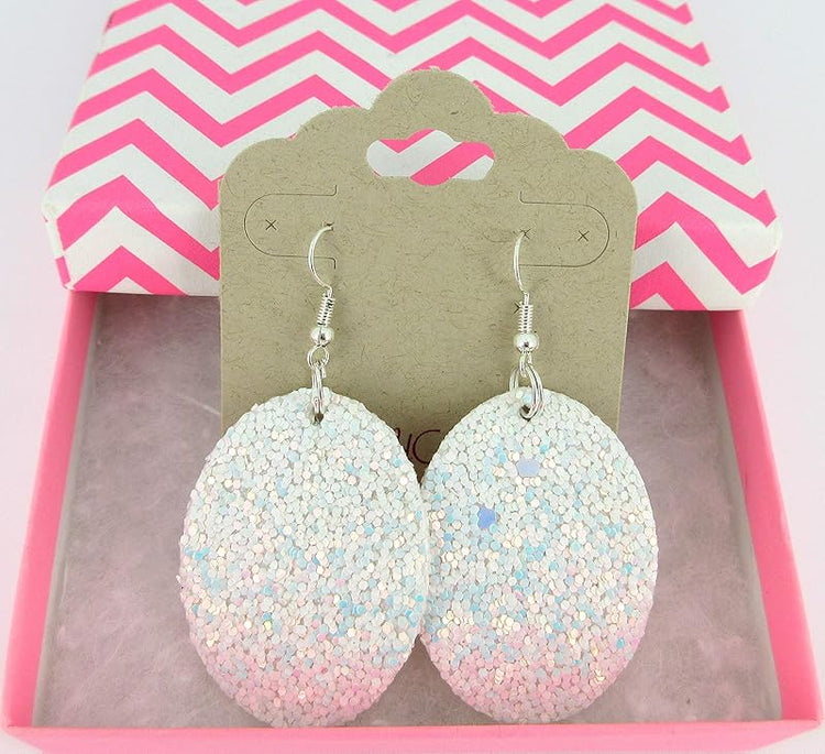 Summerfield Collection Silver-tone Glitter Faux Leather Oval Dangle Earrings (White AB)