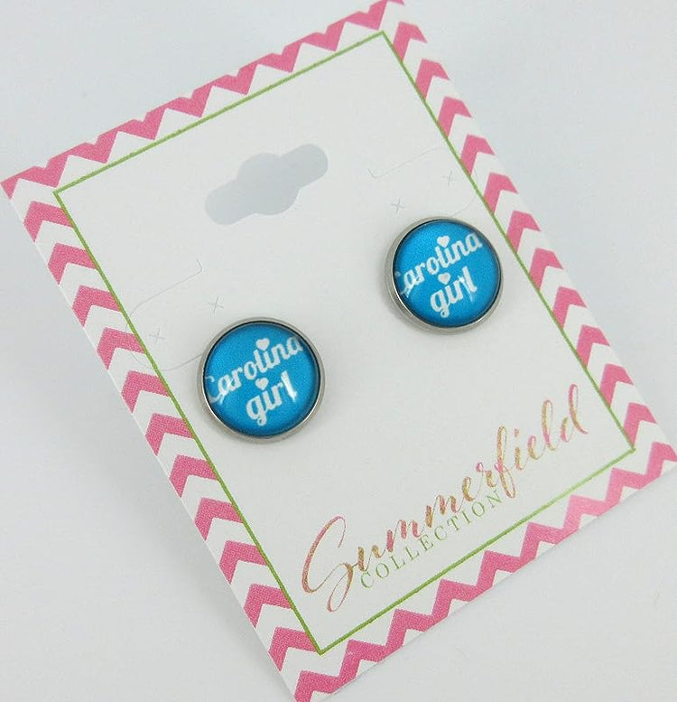 Summerfield Collection Stainless Steel Girl Print Glass Stud Earrings 12mm (Carolina Girl)