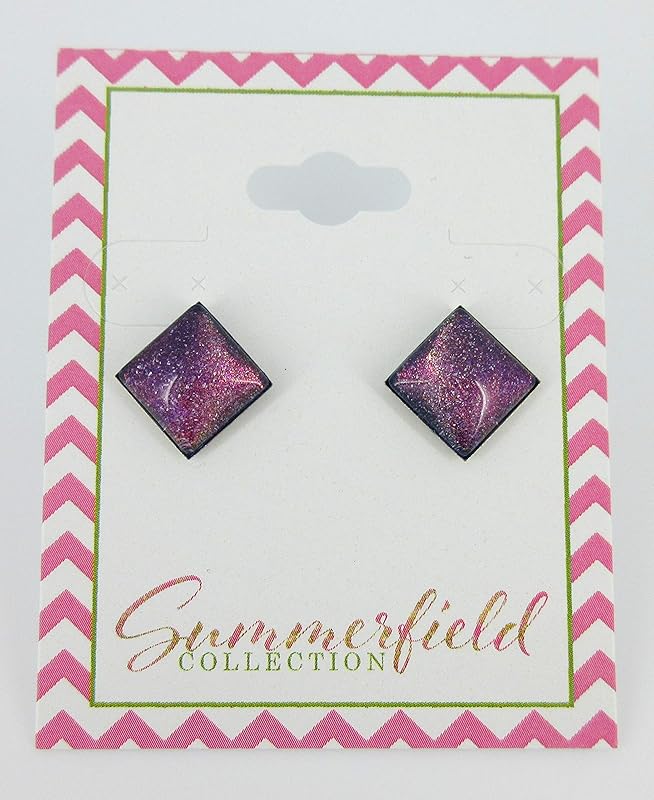 Summerfield Collection Stainless Steel Purple and Rainbow Glitter Glass Stud Earrings Hand-painted Square 10mm