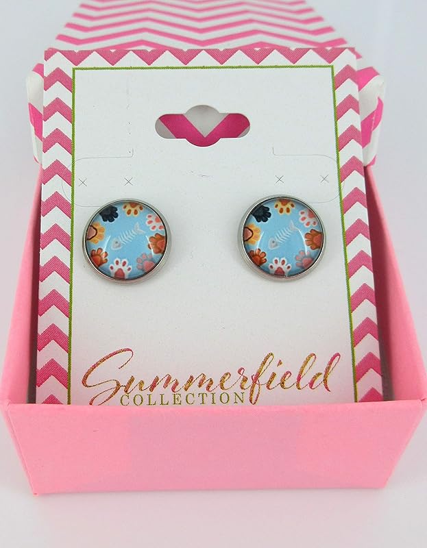 Summerfield Collection Stainless Steel Cat Paw Print Glass Stud Earrings 12mm (Sky Blue)