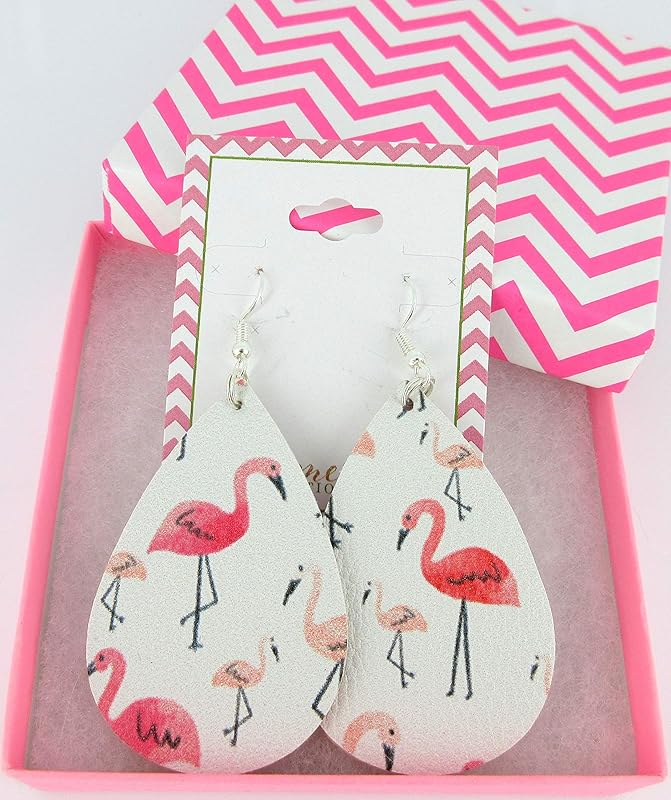 Summerfield Collection White and Pink Flamingo Faux Leather Large Teardrop Dangle Earrings