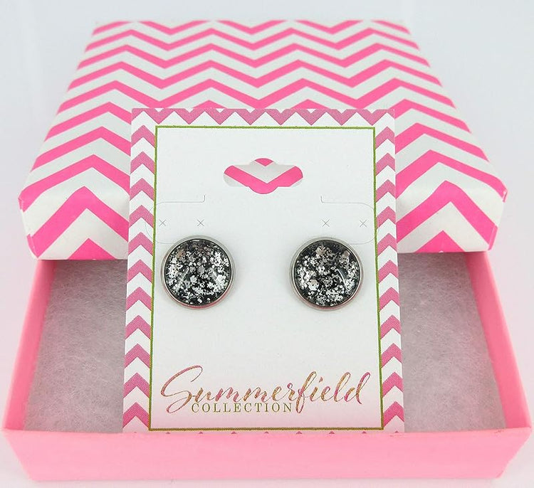 Summerfield Collection Stainless Steel Silver and Black Glitter Glass Stud Earrings Hand-painted 12mm