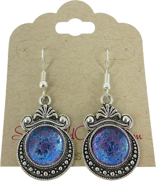 Summerfield Collection Antiqued Silver-tone Blue Purple Color-Shifting Glitter Glass Dangle Earrings Hand-painted