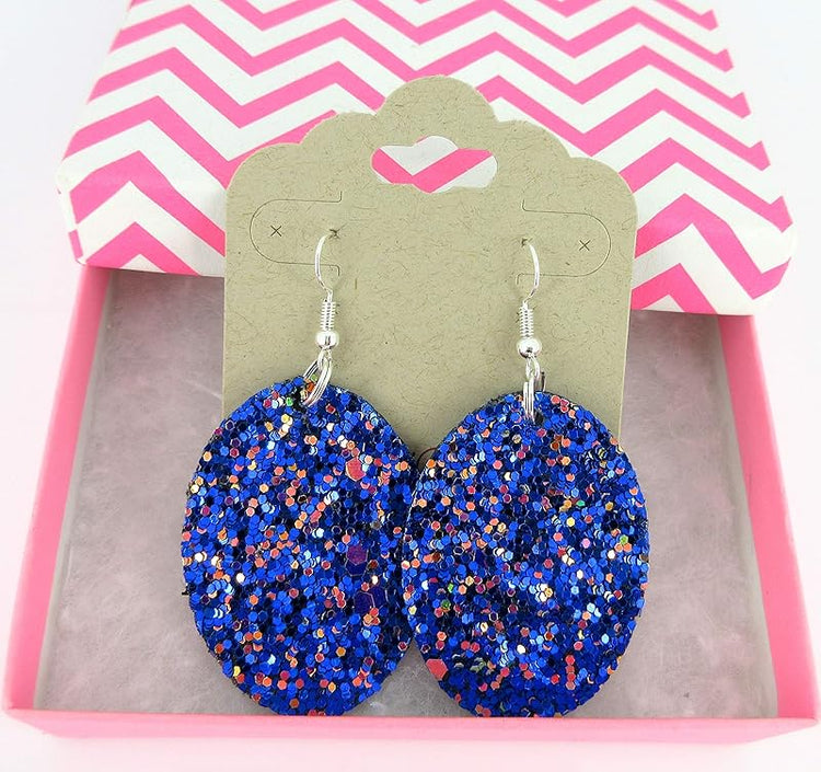 Summerfield Collection Silver-tone Glitter Faux Leather Oval Dangle Earrings (Blue w/Pink and Black)