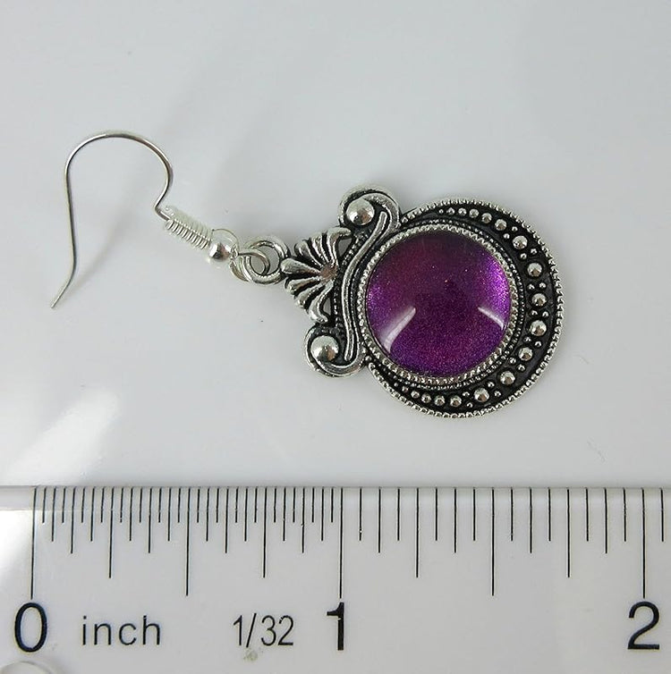 Summerfield Collection Antiqued Silver-tone Metallic Purple Shimmer Glass Dangle Earrings Hand-painted