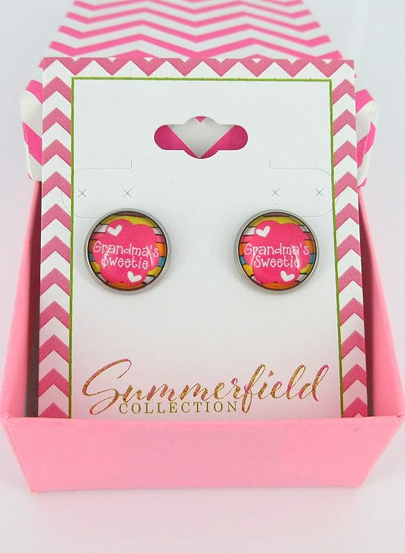 Summerfield Collection Stainless Steel Grandma's Sweetie Print Glass Stud Earrings 12mm Pink