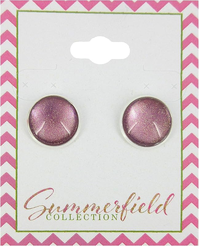 Summerfield Collection Silver-tone Metallic Mauve Glitter Glass Stud Earrings Hand-painted 12mm