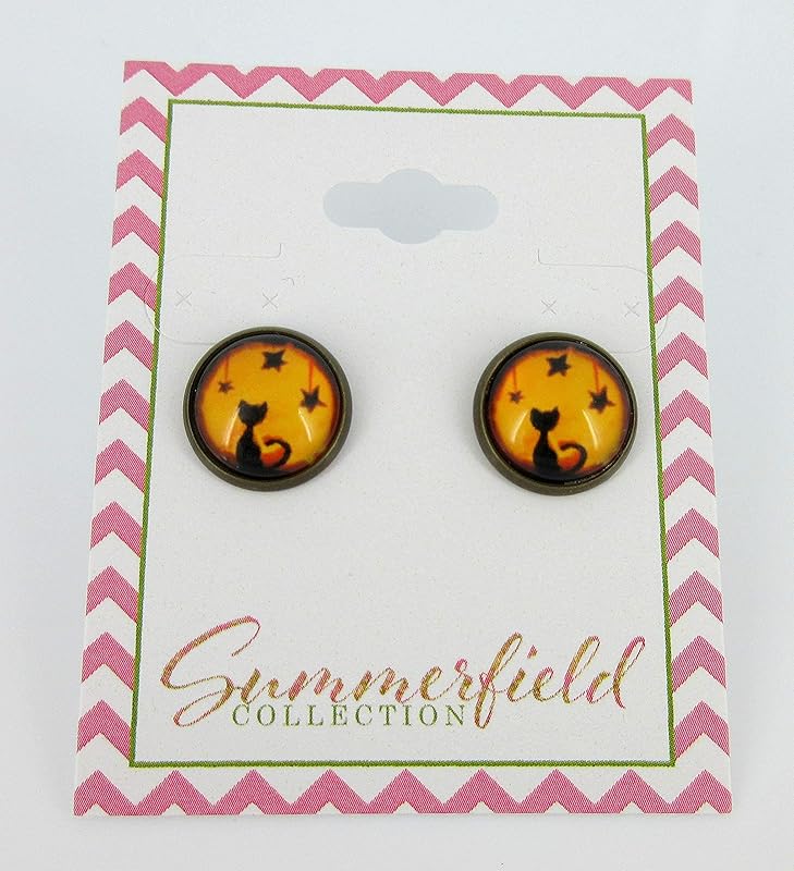 Summerfield Collection Antiqued Gold-tone Orange and Black Halloween Cat Print Glass Stud Earrings 12mm