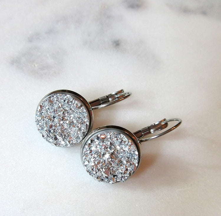 Summerfield Collection Stainless Steel Faux Druzy Stone Lever-back Drop Earrings 14mm (Silver)