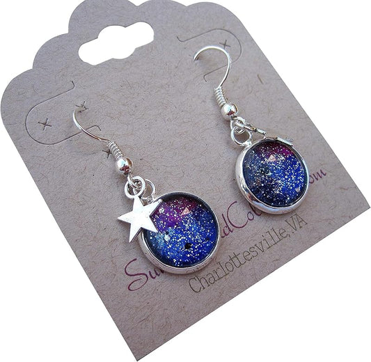 Summerfield Collection Silver-tone Glitter Glass Star Charm Galaxy Dangle Earrings Blue Purple Teal Hand-painted