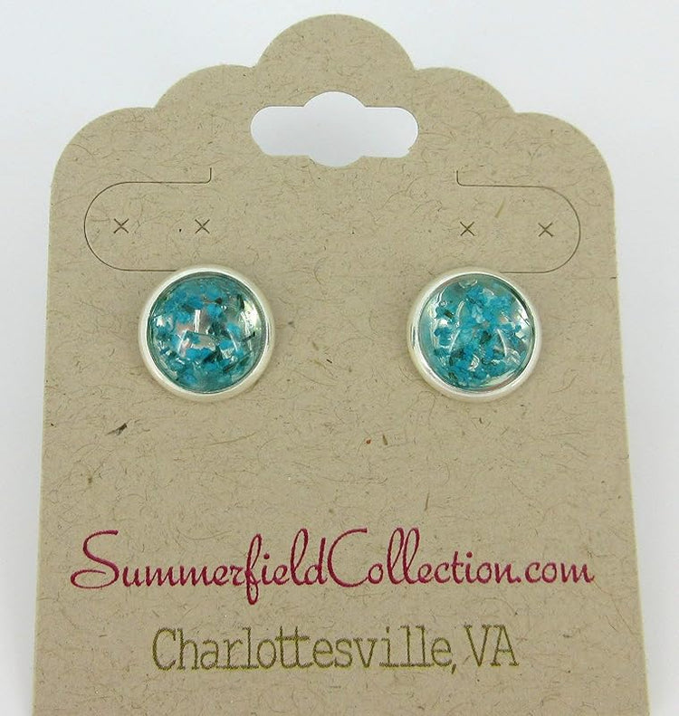 Summerfield Collection Silver-tone Clear and Dried Flower Resin Stud Earrings 10mm (Teal)