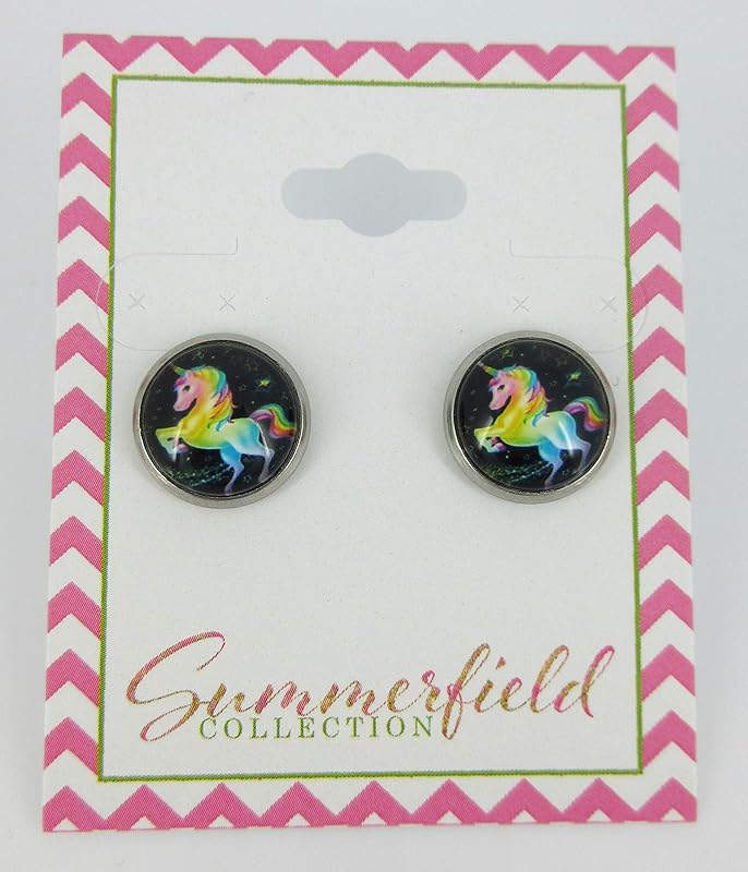 Summerfield Collection Stainless Steel Rainbow Unicorn Black Print Glass Stud Earrings 12mm