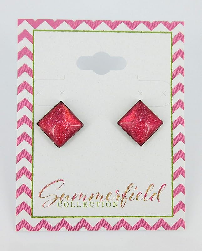 Summerfield Collection Stainless Steel Coral Glitter Glass Stud Earrings Hand-painted Square 10mm