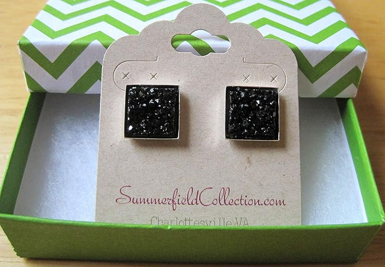 Summerfield Collection Silver-tone Metallic Geometric Square Shaped Chunky Faux Druzy Stud Earrings 12mm Statement (Black)