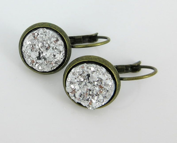 Summerfield Collection Antiqued Gold-tone Silver Faux Druzy Stone Lever-back Drop Earrings 12mm