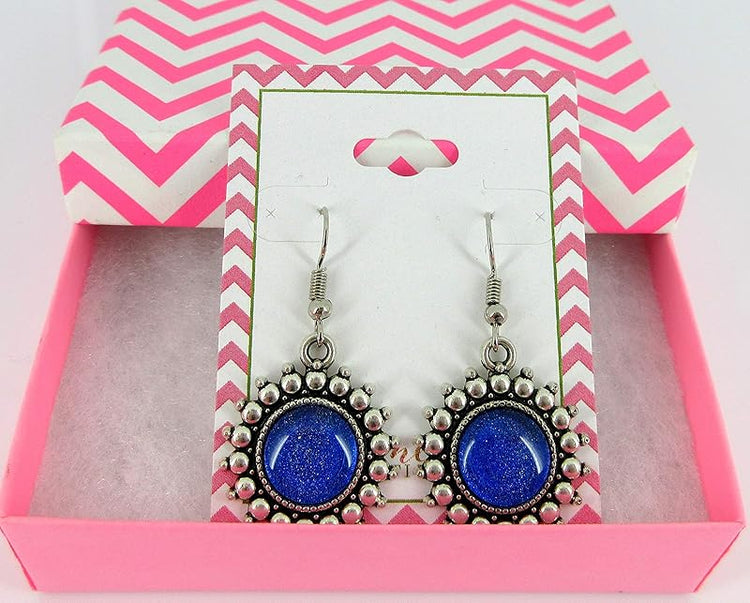 Summerfield Collection Antiqued Silver-tone Royal Blue Glitter Glass Dangle Earrings Hand-painted