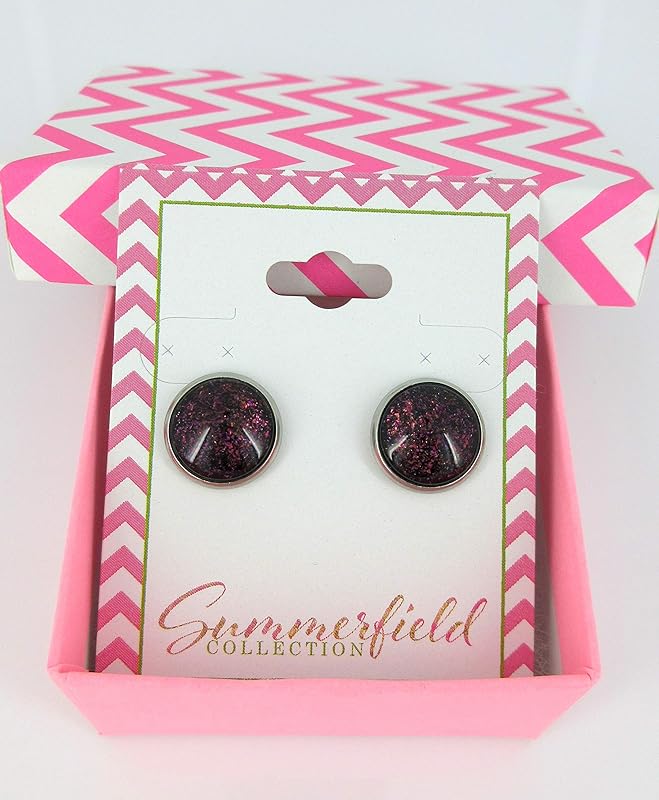 Summerfield Collection Stainless Steel Black Rainbow Duochrome Glitter Glass Galaxy Stud Earrings 12"