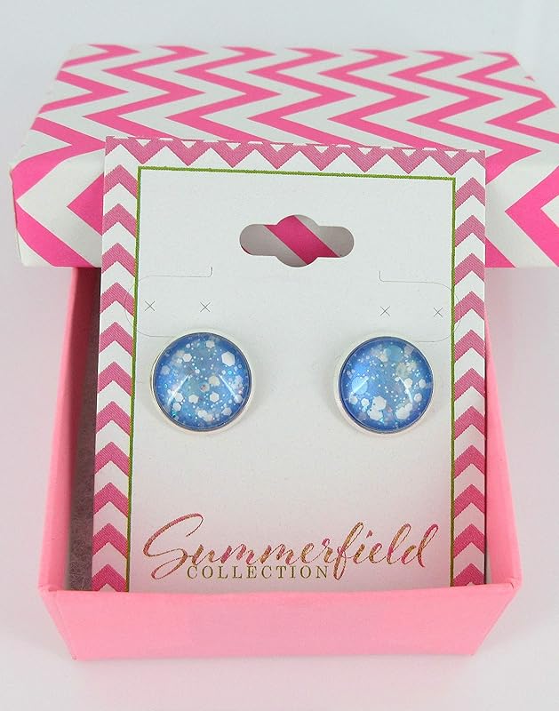 Summerfield Collection Silver-Tone Ice Blue and White Glitter Glass Stud Earrings 12mm