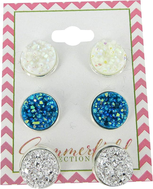 Summerfield Collection Trio Silver-tone White AB Blue Stud Earrings 12mm Faux Druzy Stone Set