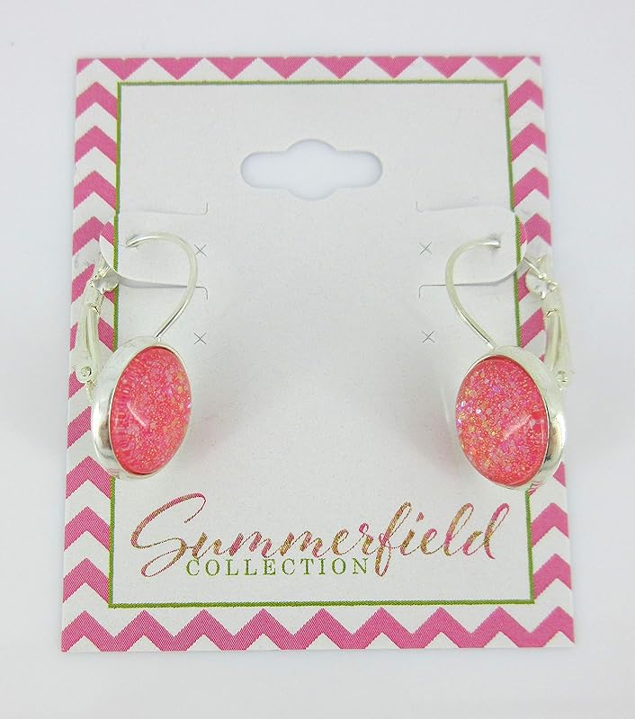 Summerfield Collection Silver-tone Coral Iridescent Glitter Glass Galaxy Drop Earrings Leverback Hand-painted