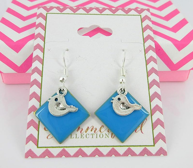 Summerfield Collection Silver-tone Sky Blue Enamel Bird Charm Dangle Earrings