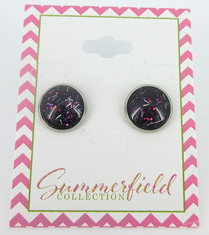 Summerfield Collection Stainless Steel Navy Blue and Pink Glitter Glass Stud Earrings Hand-painted 12mm