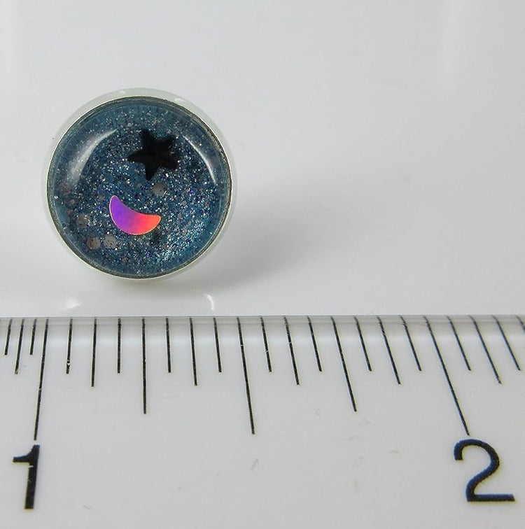 Summerfield Collection Silver-tone Star and Moon Holographic Glitter Glass Galaxy Stud Earrings Hand-painted 12mm