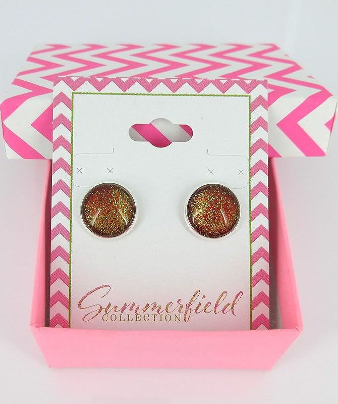 Summerfield Collection Silver-tone Red and Green Glitter Glass Stud Earrings Hand-painted (12mm)