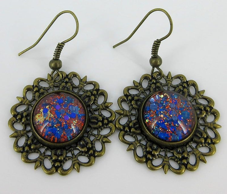 Summerfield Collection Antiqued Gold-tone Orange and Blue Glitter Glass Medallion Dangle Earrings Hand-painted