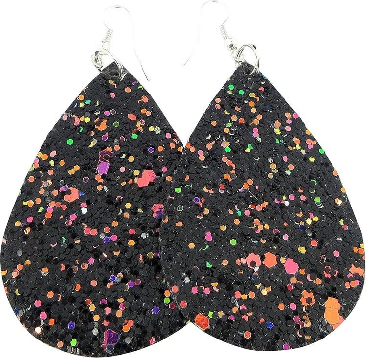 Summerfield Collection Silver-tone Glitter Faux Leather Large Teardrop Dangle Earrings (Black and Rainbow)