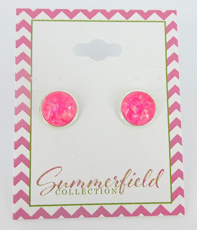 Summerfield Collection Shiny Silver-tone Opalescent Leaf Resin Stud Earrings 10mm (Hot Pink)