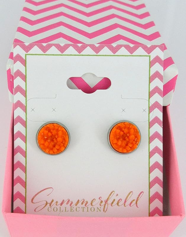 Summerfield Collection Stainless Steel Matte Faux Druzy Stone Stud Earrings 10mm (Orange)