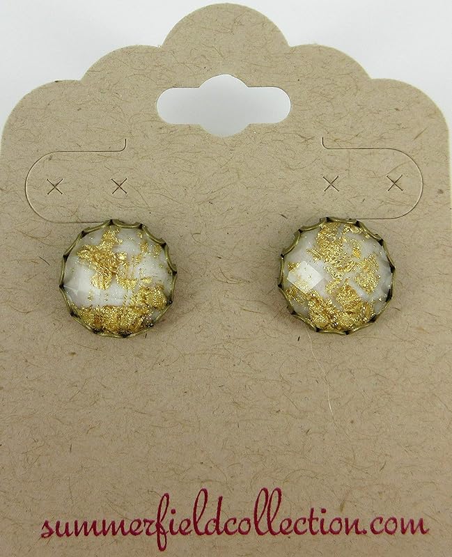 Summerfield Collection Antiqued Gold-tone Faceted Resin Leaf Foil Stud Earrings 12mm (White)