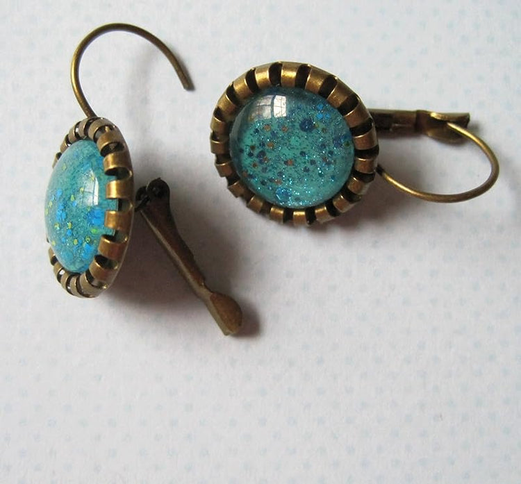 Summerfield Collection Antiqued Gold-tone Seafoam Green and Blue Glitter Glass Drop Earrings Leverback Hand-painted