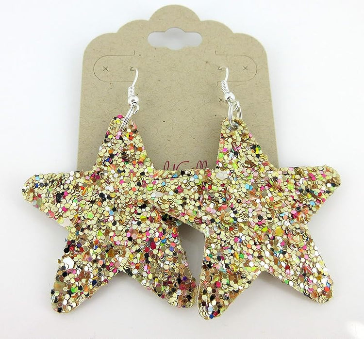 Summerfield Collection Glitter Faux Leather Large Star Dangle Earrings (Gold and Rainbow)