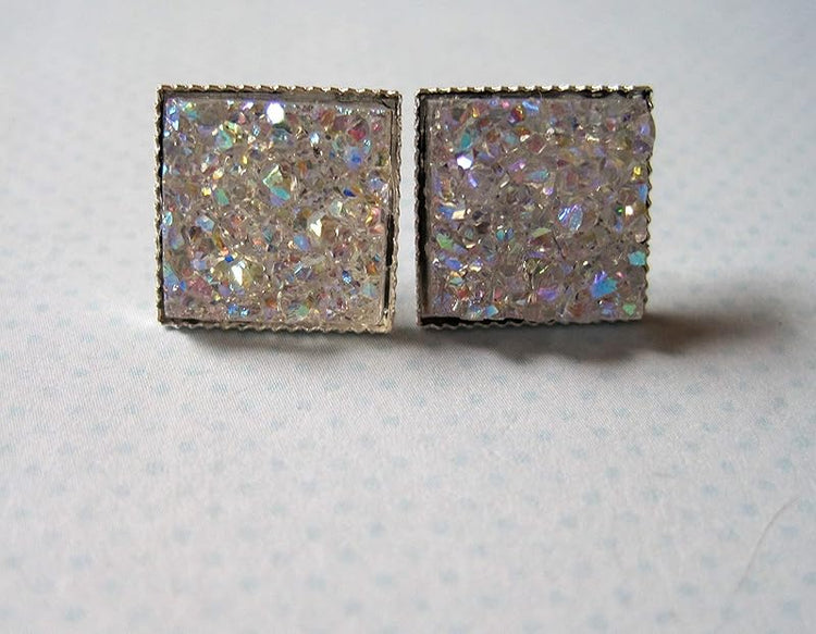 Summerfield Collection Silver-tone Metallic Geometric Square Shaped Chunky Faux Druzy Stud Earrings 12mm Statement (Clear AB)