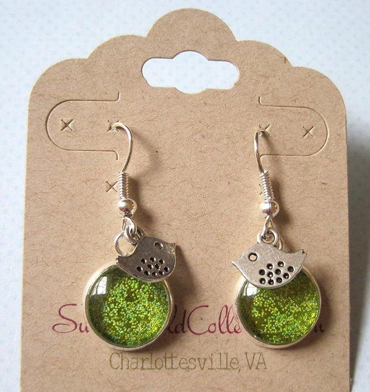 Summerfield Collection Silver-tone Yellow Green Glitter Glass Bird Charm Dangle Earrings Hand-painted