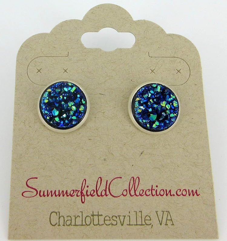 Summerfield Collection Silver-tone Metallic Faux Druzy Stone Stud Earrings 12mm (Blue)