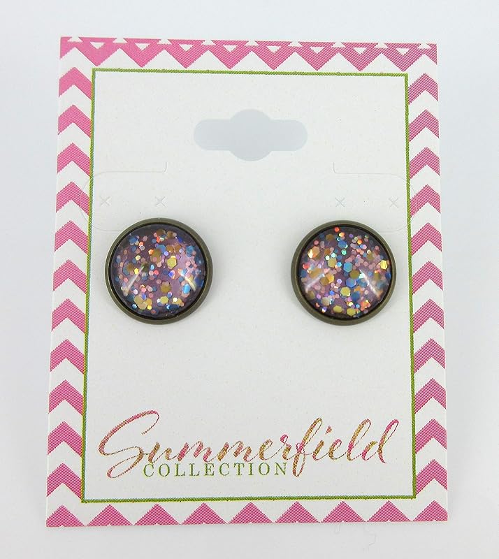 Summerfield Collection Antiqued Gold-tone Lavender Purple Glitter Glass Stud Earrings Hand-painted 12mm
