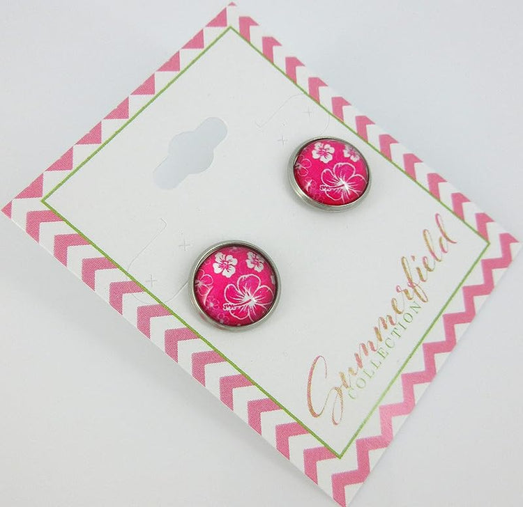 Summerfield Collection Stainless Steel Hibiscus Flower Print Glass Stud Earrings 12mm Hawaiian (Hot Pink)