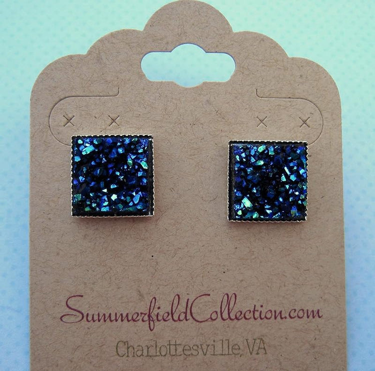 Summerfield Collection Silver-tone Metallic Geometric Square Shaped Chunky Faux Druzy Stud Earrings 12mm Statement (Blue)