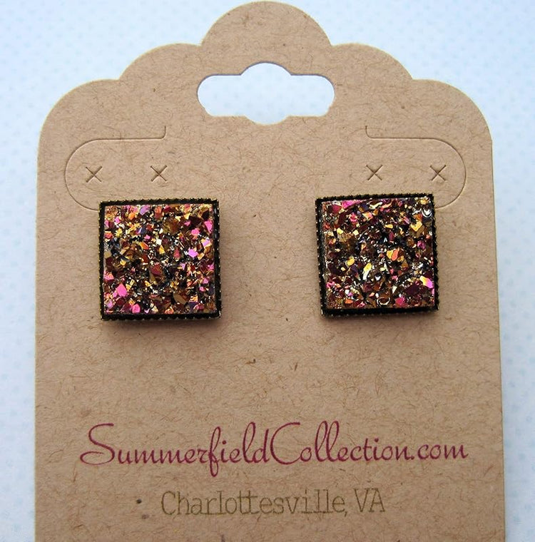 Summerfield Collection Metallic Gold and Pink Geometric Square Shaped Chunky Faux Druzy Stud Earrings 12mm Statement