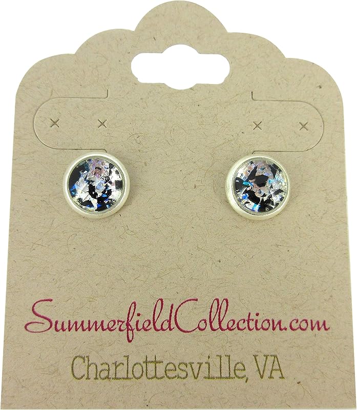 Summerfield Collection Silver-tone Blue and Black Glitter Glass Stud Earrings Hand-painted 8mm