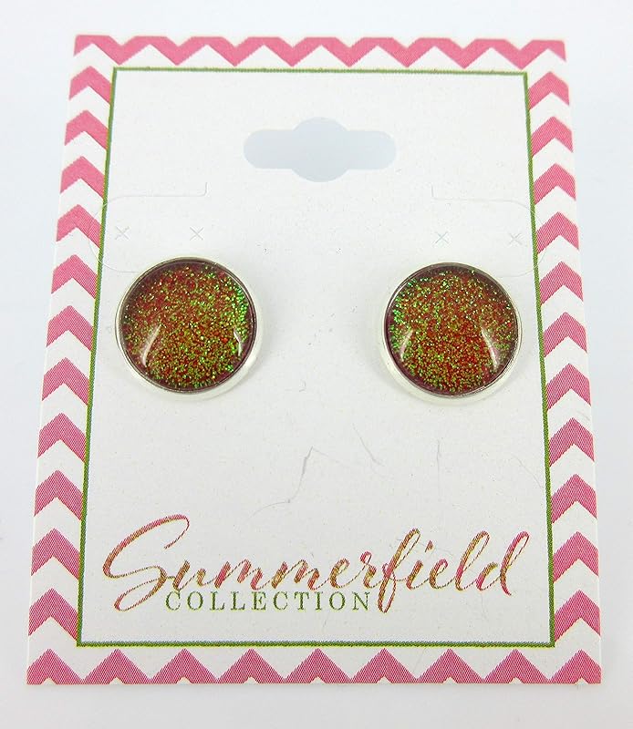 Summerfield Collection Silver-tone Red and Green Glitter Glass Stud Earrings Hand-painted (12mm)
