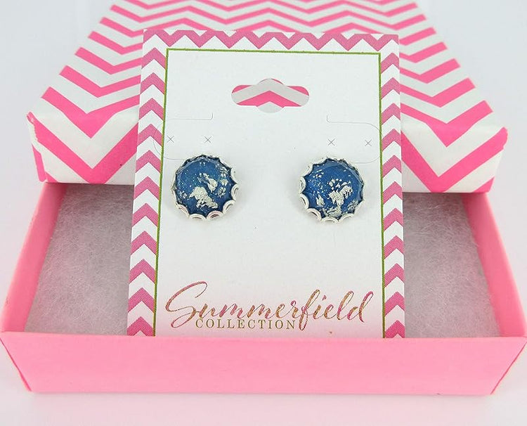 Summerfield Collection Silver Foil Faceted Resin Stud Earrings 12mm (Blue)