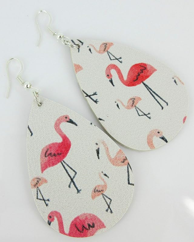 Summerfield Collection White and Pink Flamingo Faux Leather Large Teardrop Dangle Earrings