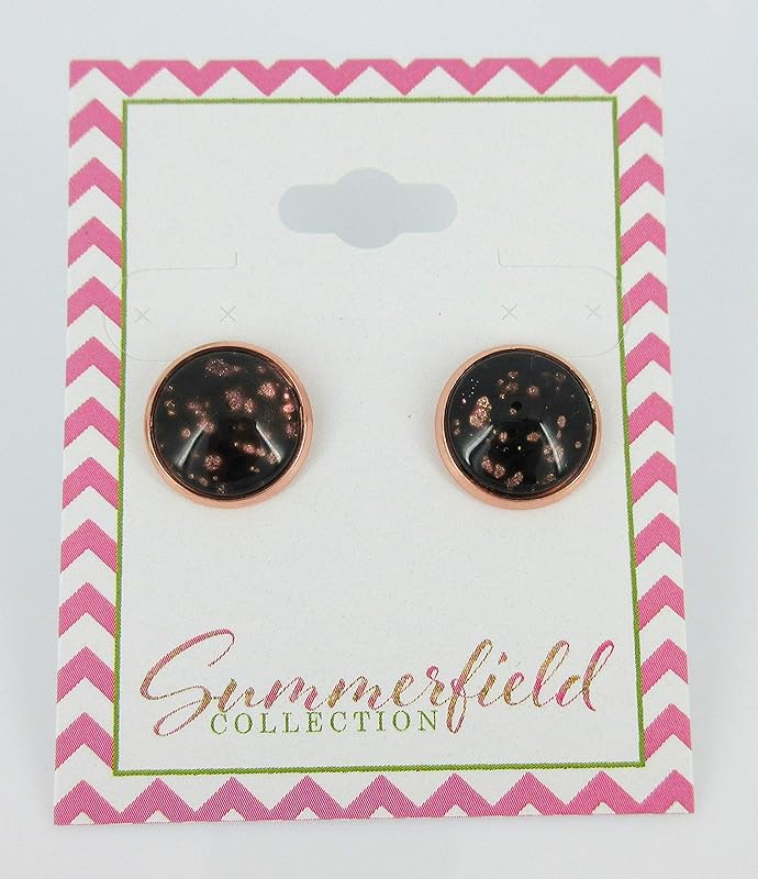 Summerfield Collection Rose Gold-tone Black Spotted Glitter Glass Stud Earrings Hand-painted 12mm