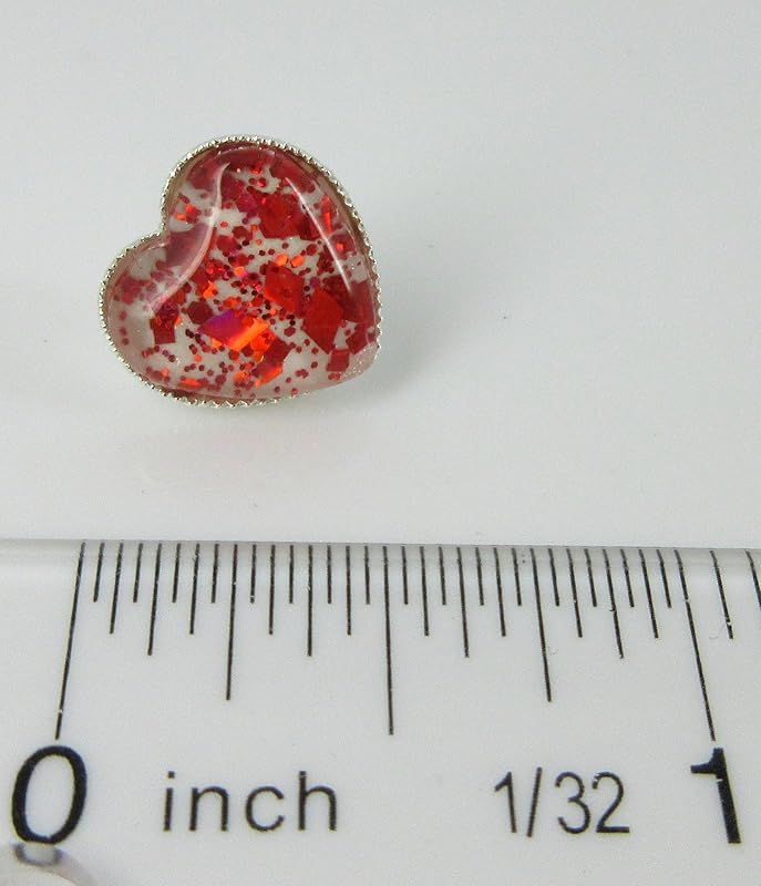 Summerfield Collection Silver-tone White and Fiery Red Glitter Glass Heart Stud Earrings Hand-painted