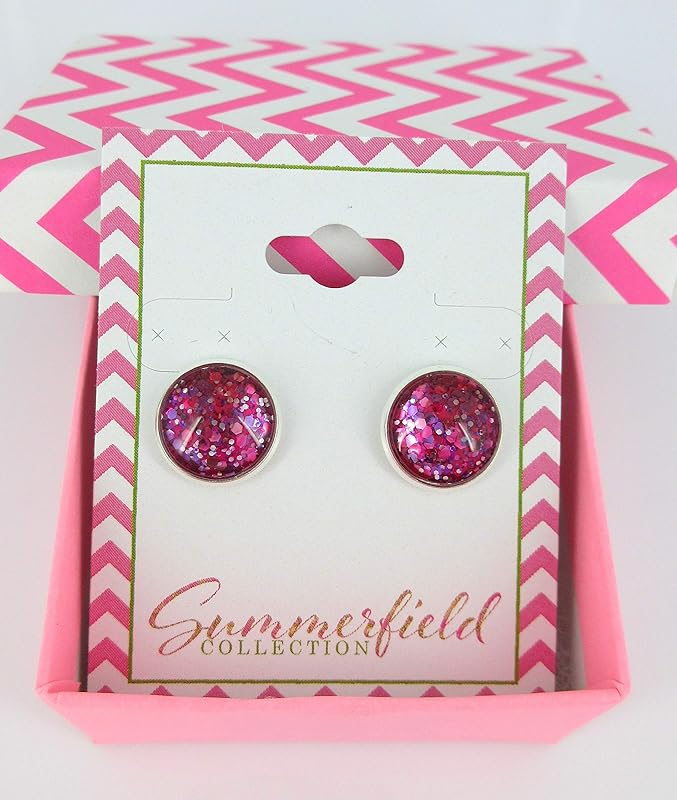 Summerfield Collection Silver-tone Fuchsia Pink and Purple Glitter Glass Stud Earrings Hand-painted 12mm